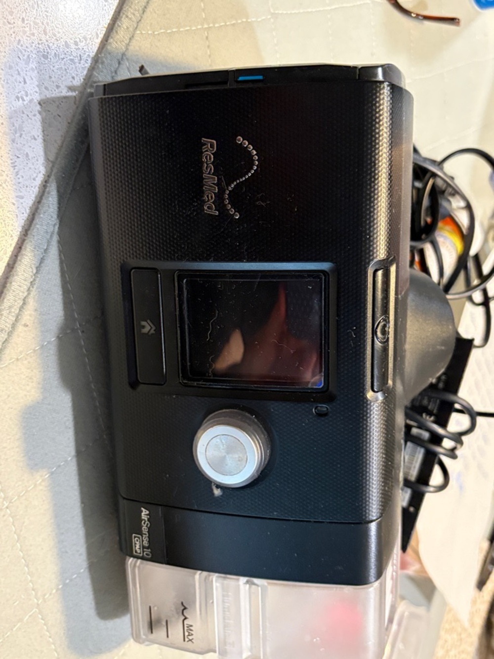 ResMed Black CPAP Machine with Clear Humidifier Chamber and Silver Dial